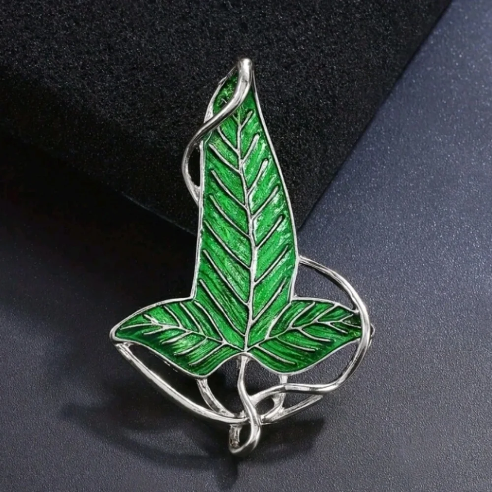 Tolkien Elven Lorien Leaf Silver Green Brooch The Lord Of The Rings Cosplay Pin